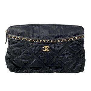 CHANEL eco-port Black Satin Clutch Bag gold hardware